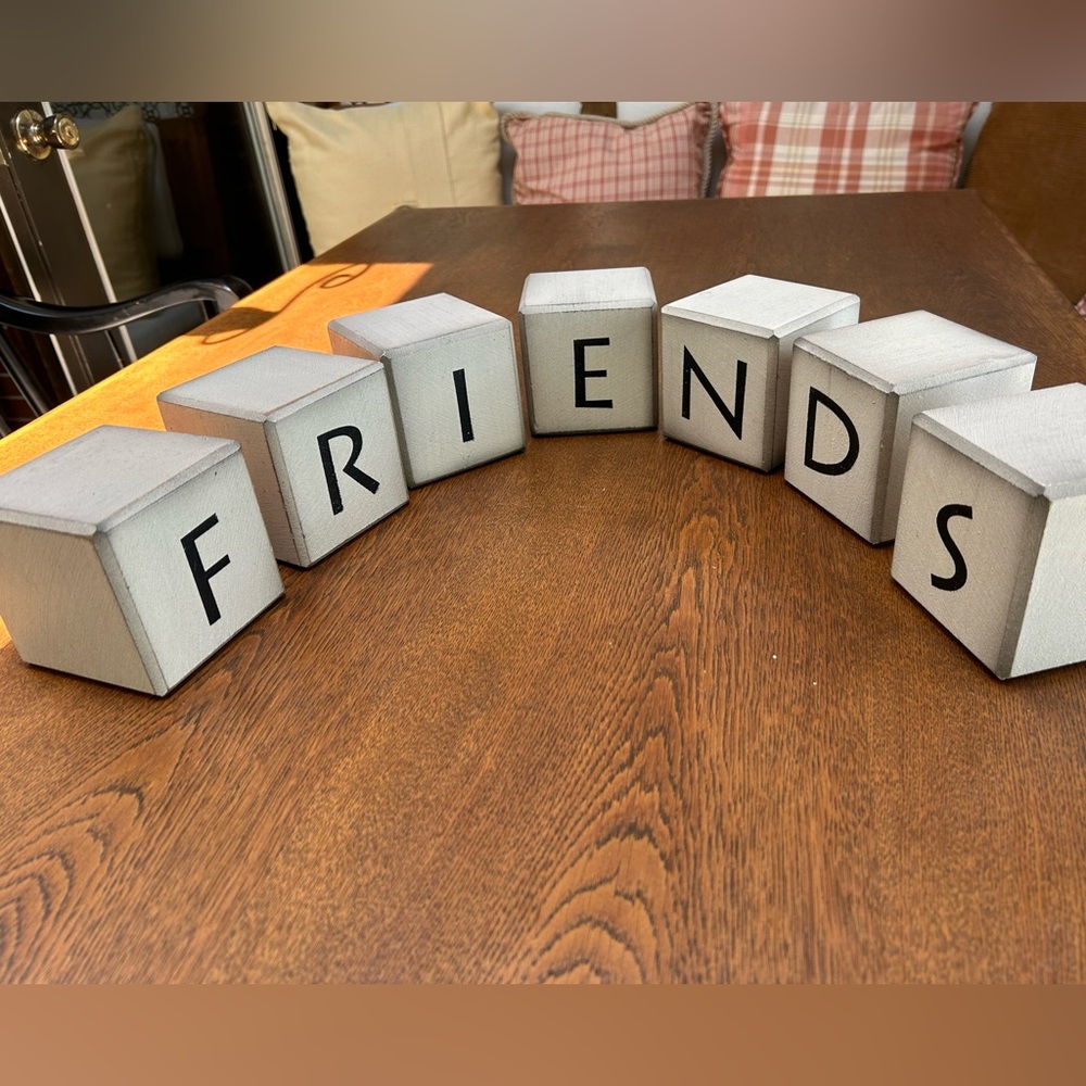 FRIENDS Block decor. 7 wooden blocks, each 3.5” square, nicely beveled edges.